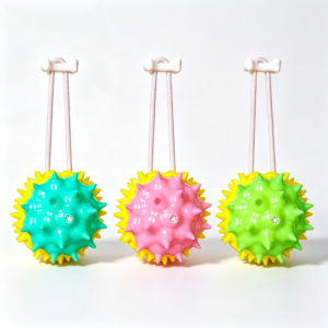 Pull Handle Squeaky Dog Treat Dispensing Ball, Spiky Dental Chew Toy with Rope