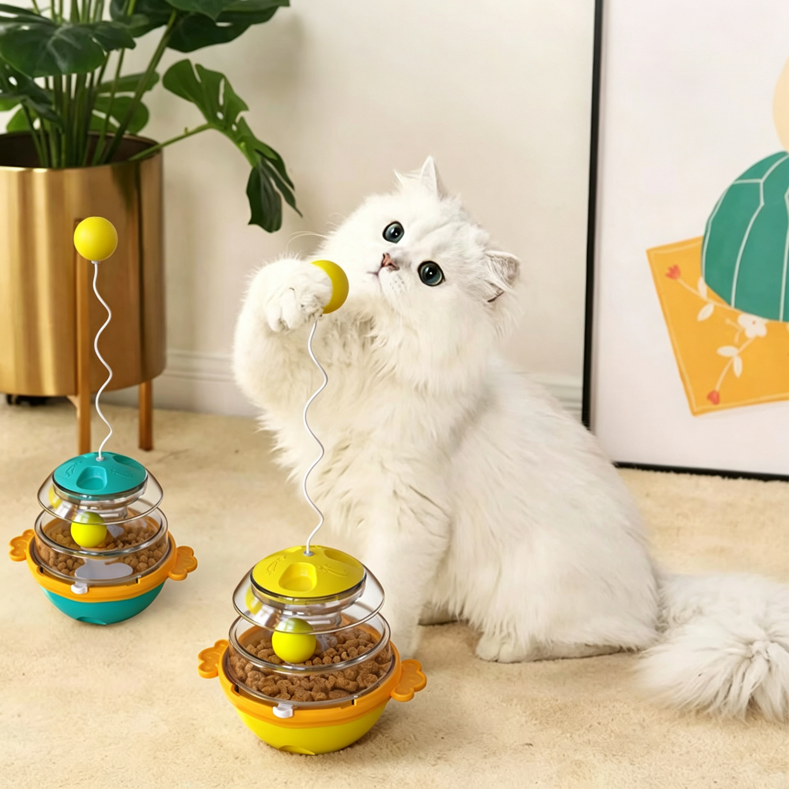 Cat Tumbler Track Ball Toy, 2-in-1 Interactive Treat Dispenser & Wand Toy - 图片 5