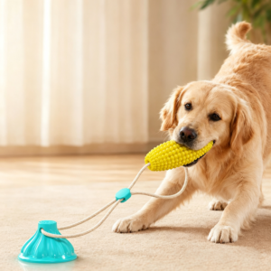 Suction Cup Corn Dog Chew Toy, Interactive Tug-of-War Dental Toothbrush with Leaking Food Function