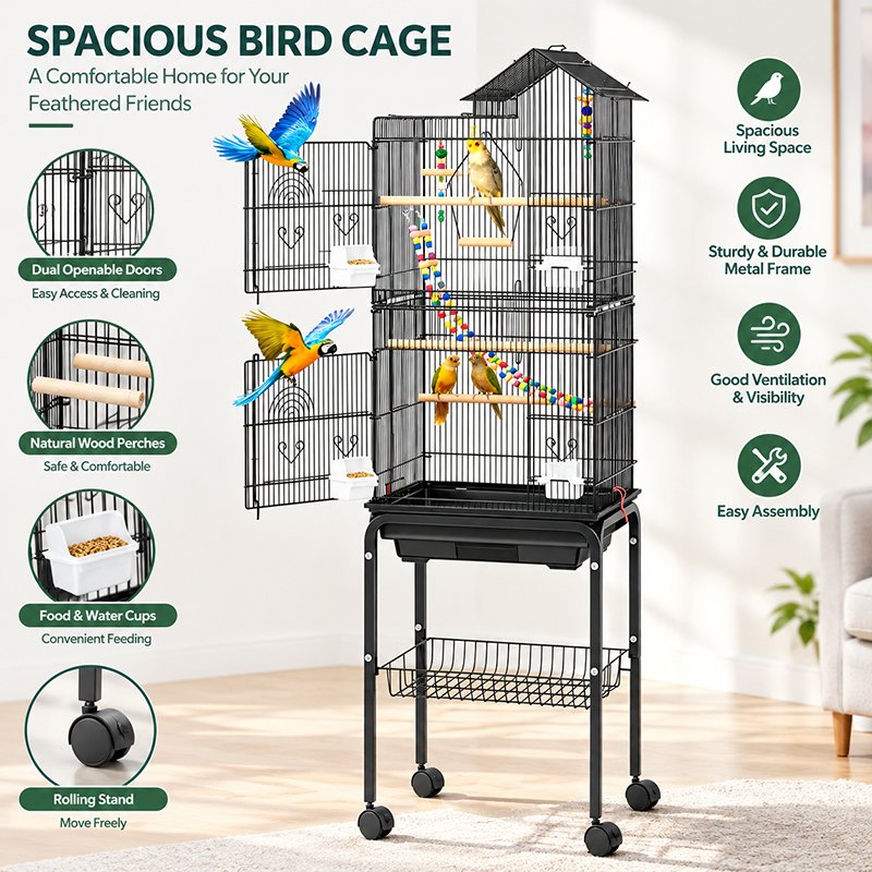 Modern House-Top Bird Mansion with Rolling Cart & Storage Shelf - 图片 4