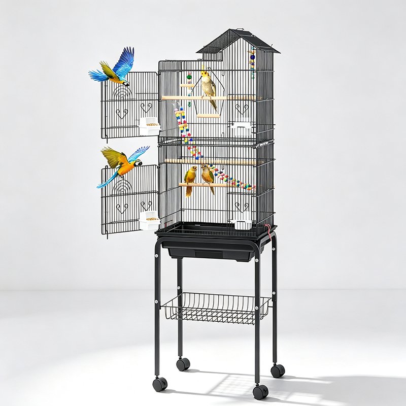 Modern House-Top Bird Mansion with Rolling Cart & Storage Shelf