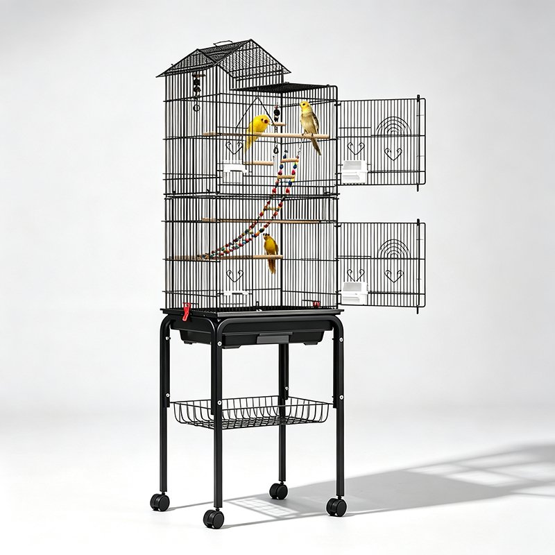 Modern House-Top Bird Mansion with Rolling Cart & Storage Shelf - 图片 2