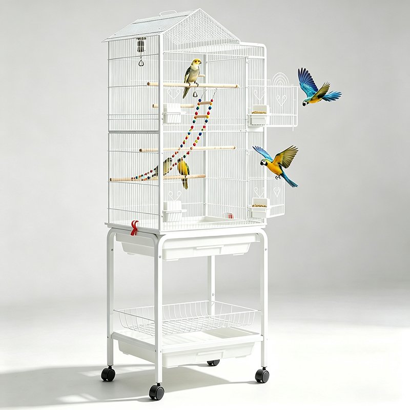 Modern House-Top Bird Mansion with Rolling Cart & Storage Shelf - 图片 3